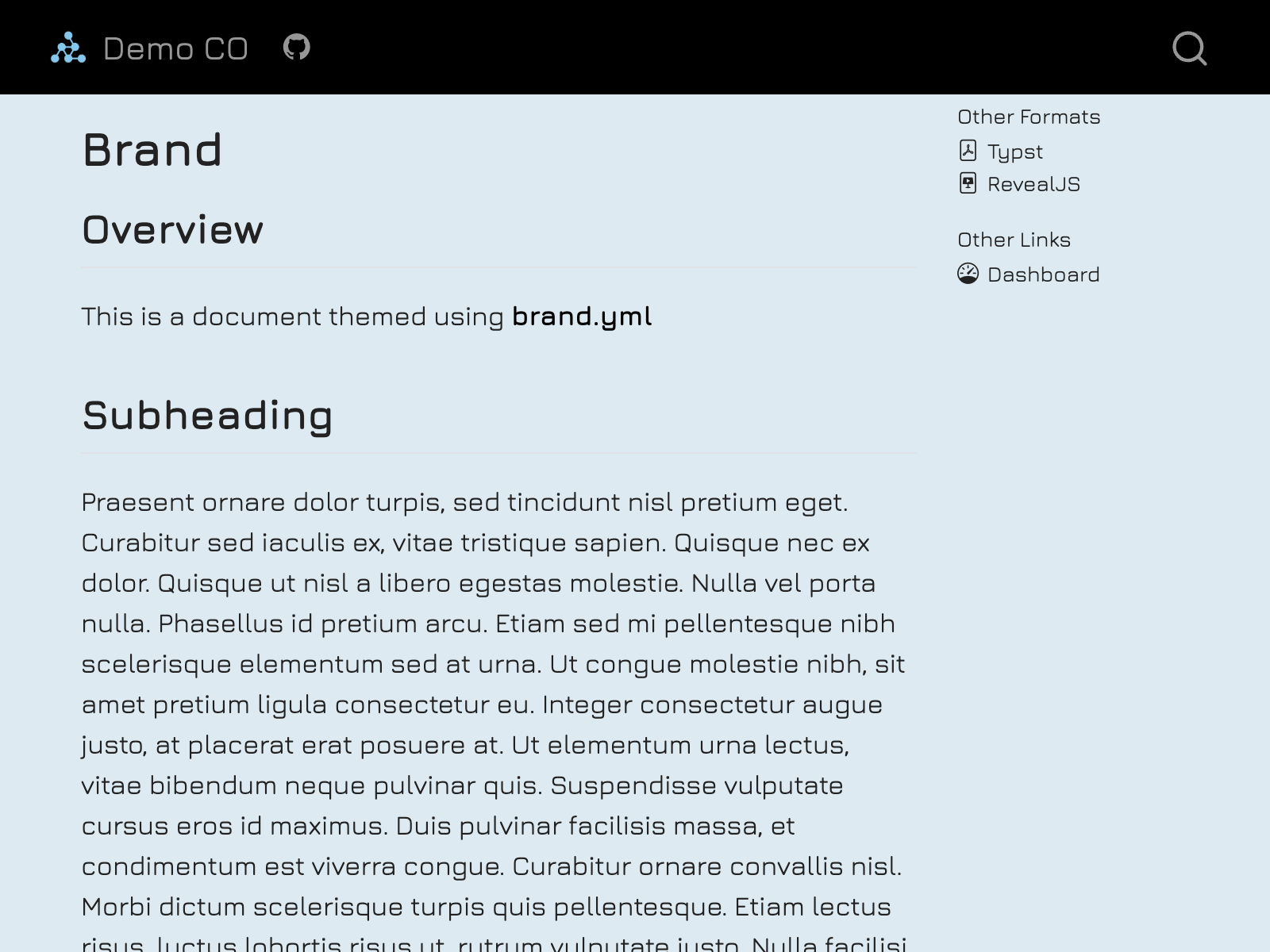 Screenshot of a webpage. The text is dark grey on a light blue background, using a rounded sans-serif typeface, a logo appears in the navbar.