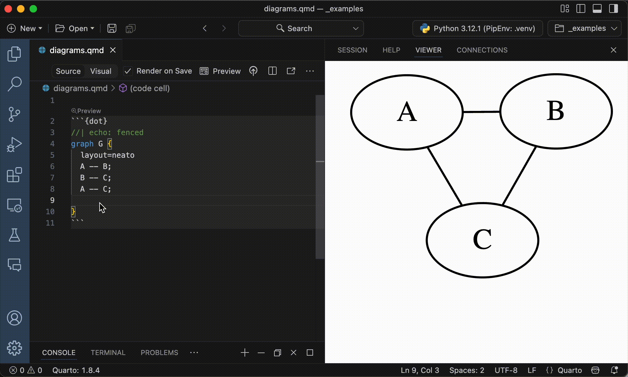 A Quarto document being edited in Positron, with a live preview of the currently edited diagram shown in a pane to the right