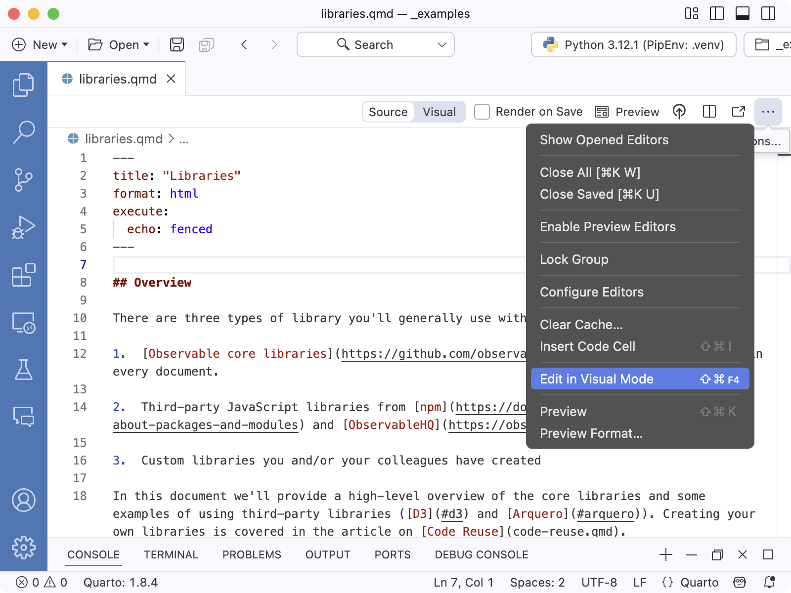 The editor menu with the Edit in Visual Mode command highlighted.