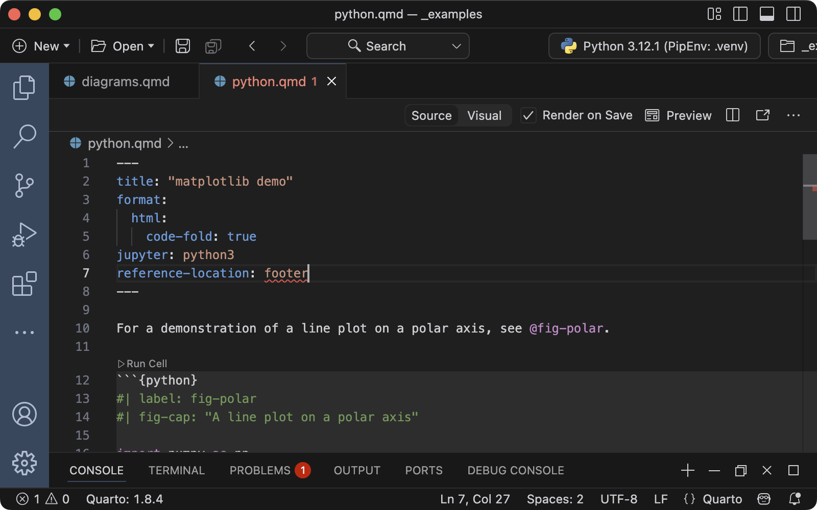 Quarto document YAML metadata with an incorrect option underlined in red.