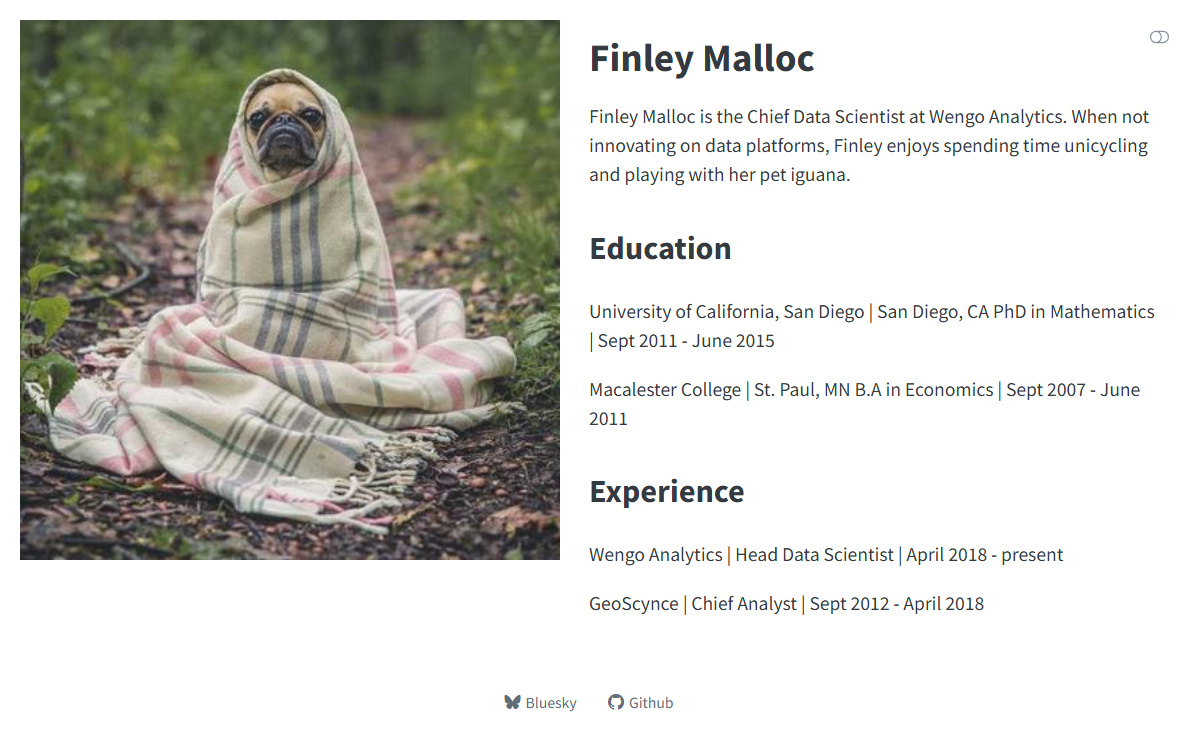 Screenshot of an About page using the broadside template. It has the author image on the left and the name, body, and links on the right.