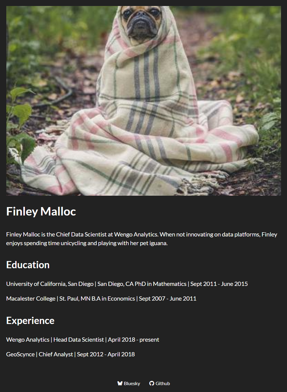 Screenshot of an About page using the marquee template. It has a large image at the top, followed by the author name, body, and links below.